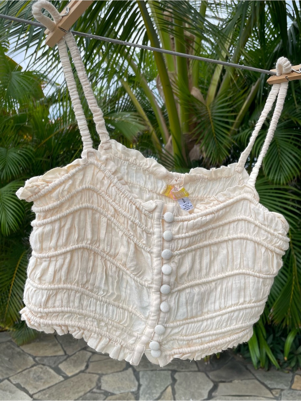Urban Outfitters Cream Smocked Button-Front Crop